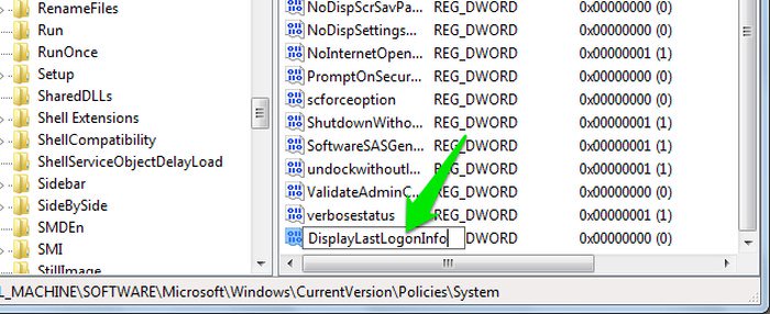 đặt tên cho DWORD này là DisplayLastLogonInfo