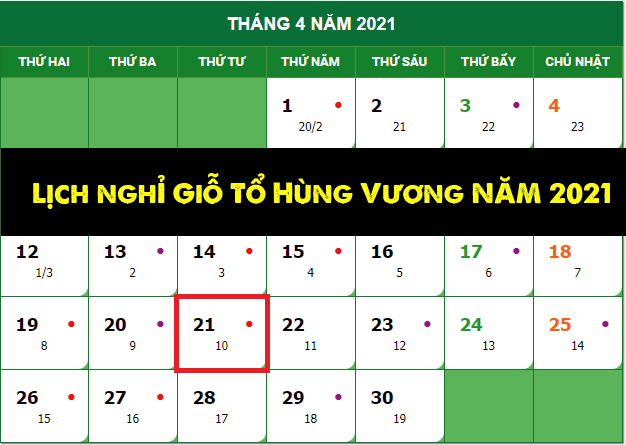 lịch nghỉ giỗ tổ hùng vương năm 2021