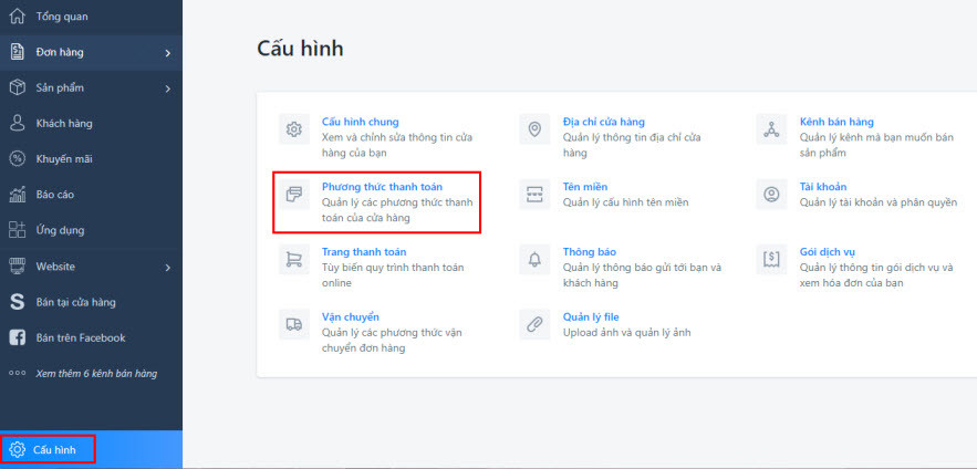 Bấm Cấu hình và chọn Phương thức thanh toán