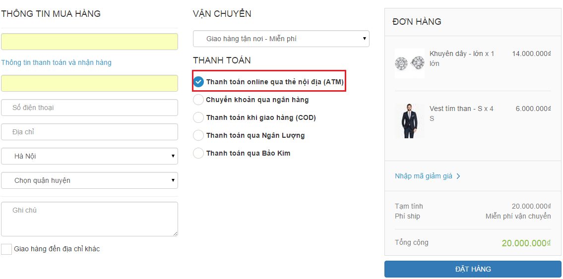 Minh họa đặt hàng và thanh toán Onepay