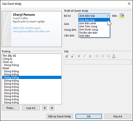 Bạn có thể chọn một số bố trí mặc định khác cho danh thiếp của mình.