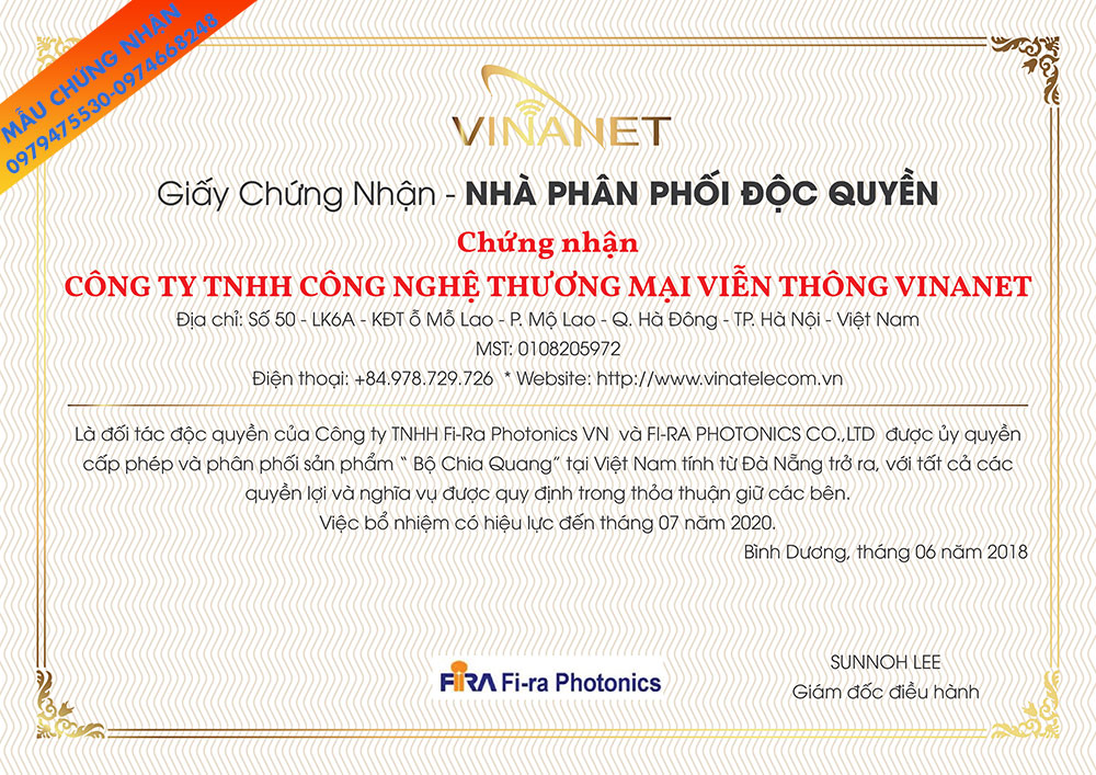 Mẫu giấy chứng nhận nhà phân phối