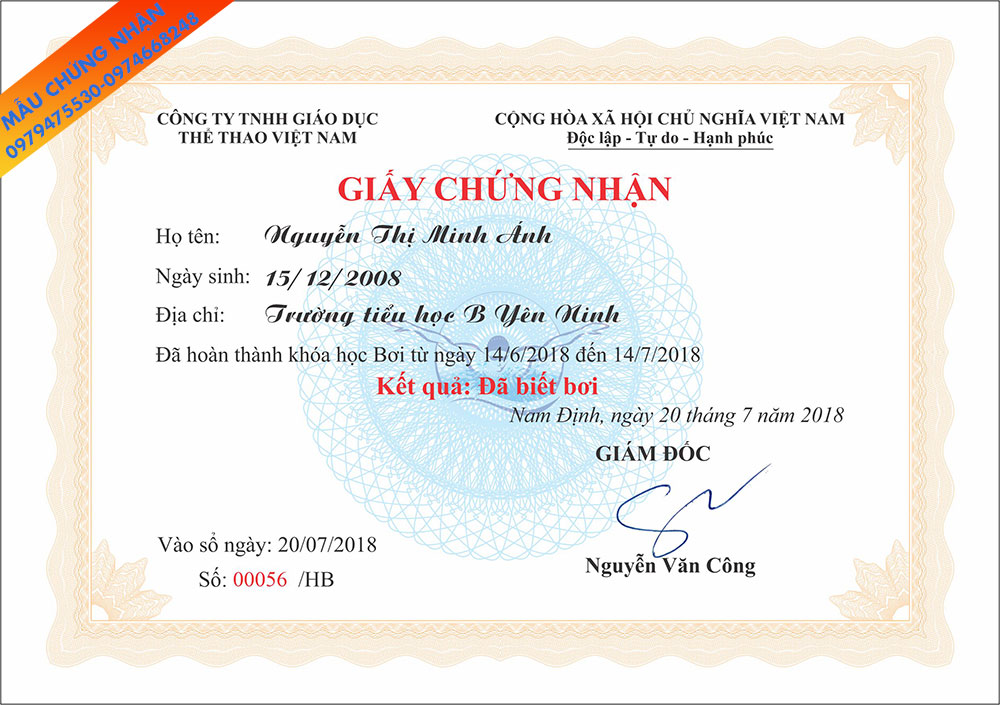 Giấy chứng nhận học bơi