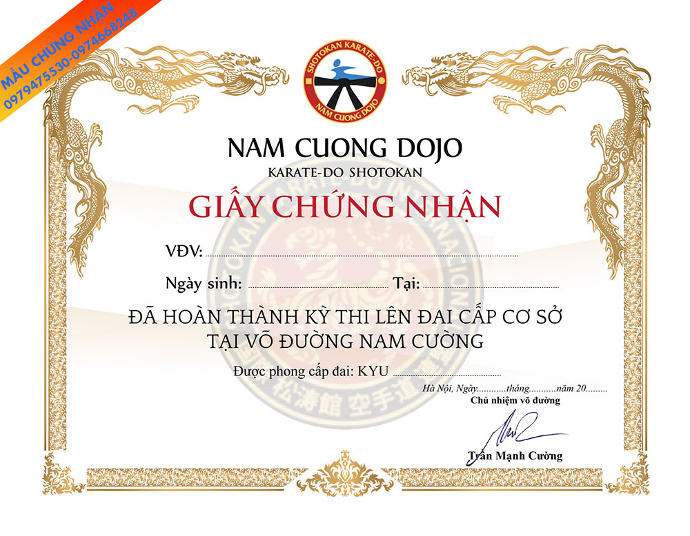 Mẫu giấy chứng nhận võ thuật