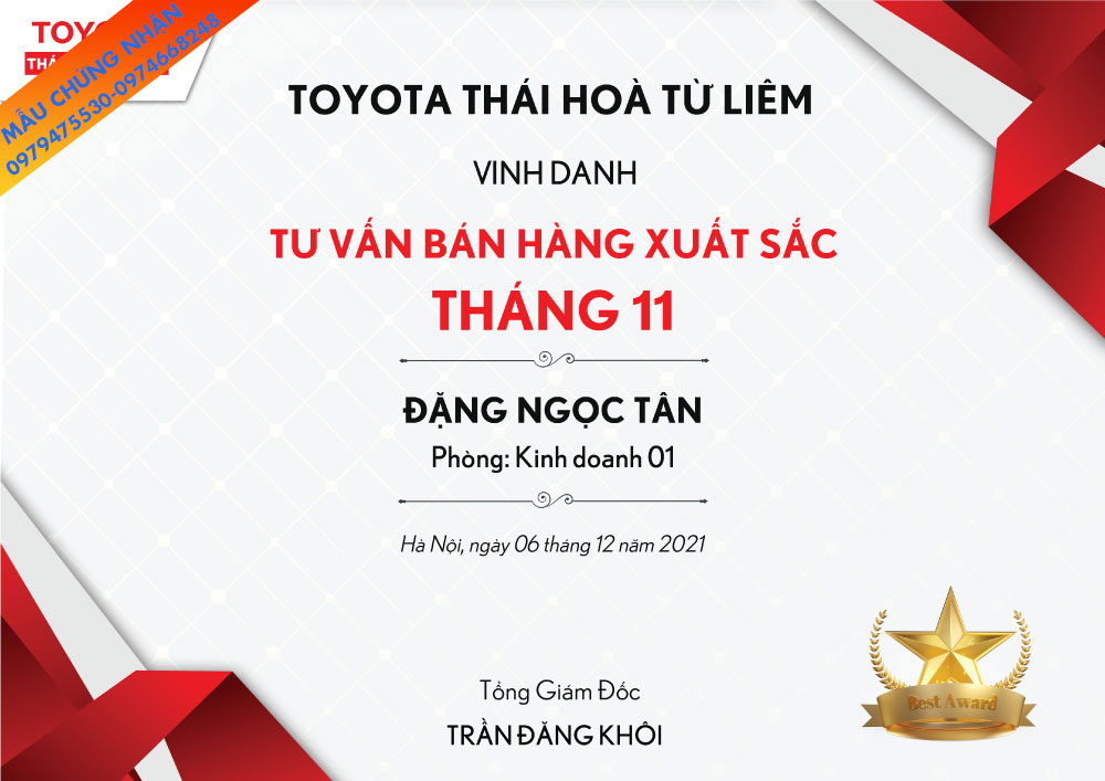 Giấy khen vinh danh nhân viên xuất sắc